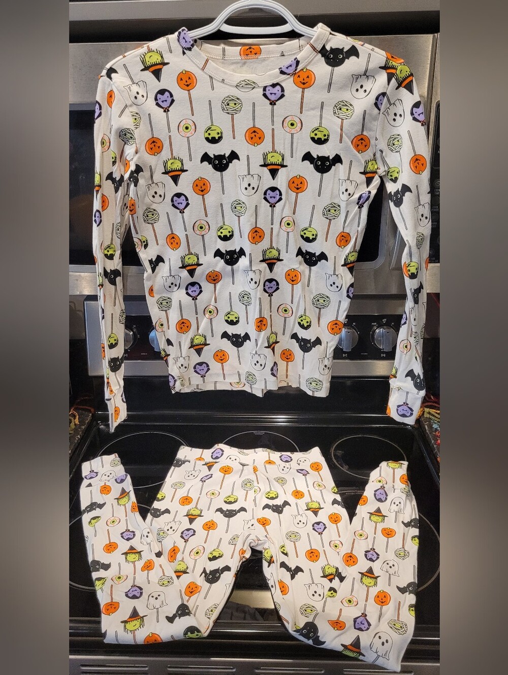 GAP White Halloween Pajama Set with Orange, Purple & Green Treats